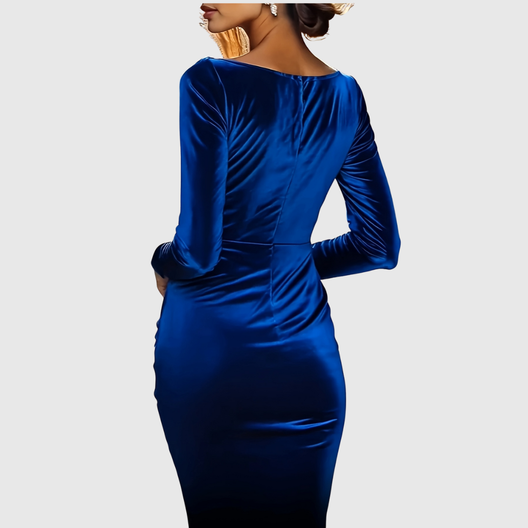 Selliv velvet party dress in royal blue, back view showing ruched bodice