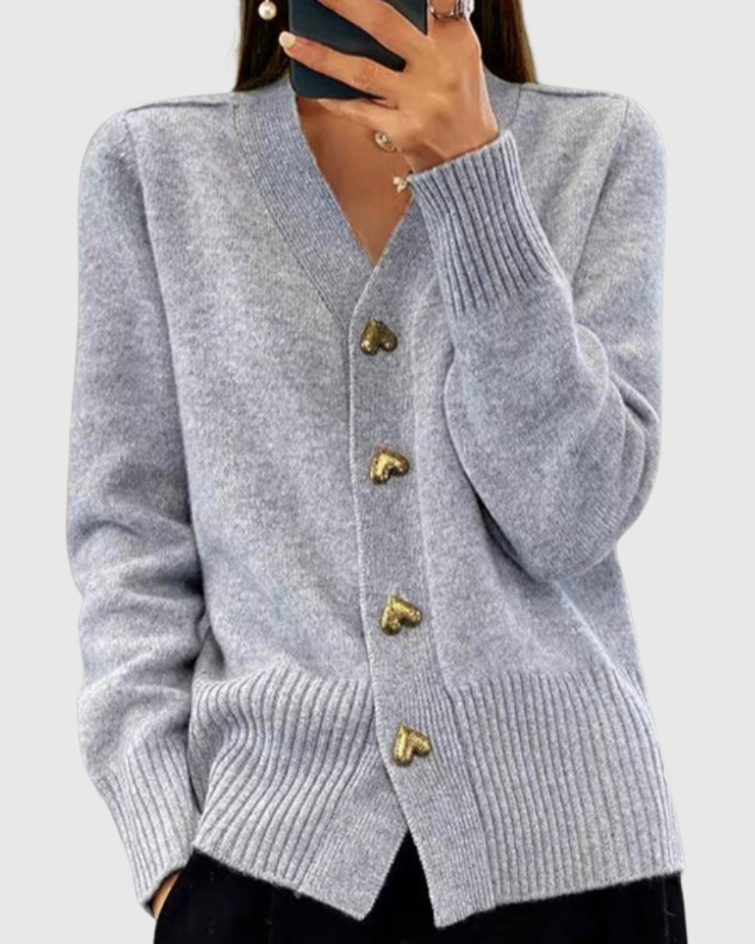 Heart button knit cardigan in grey, front view