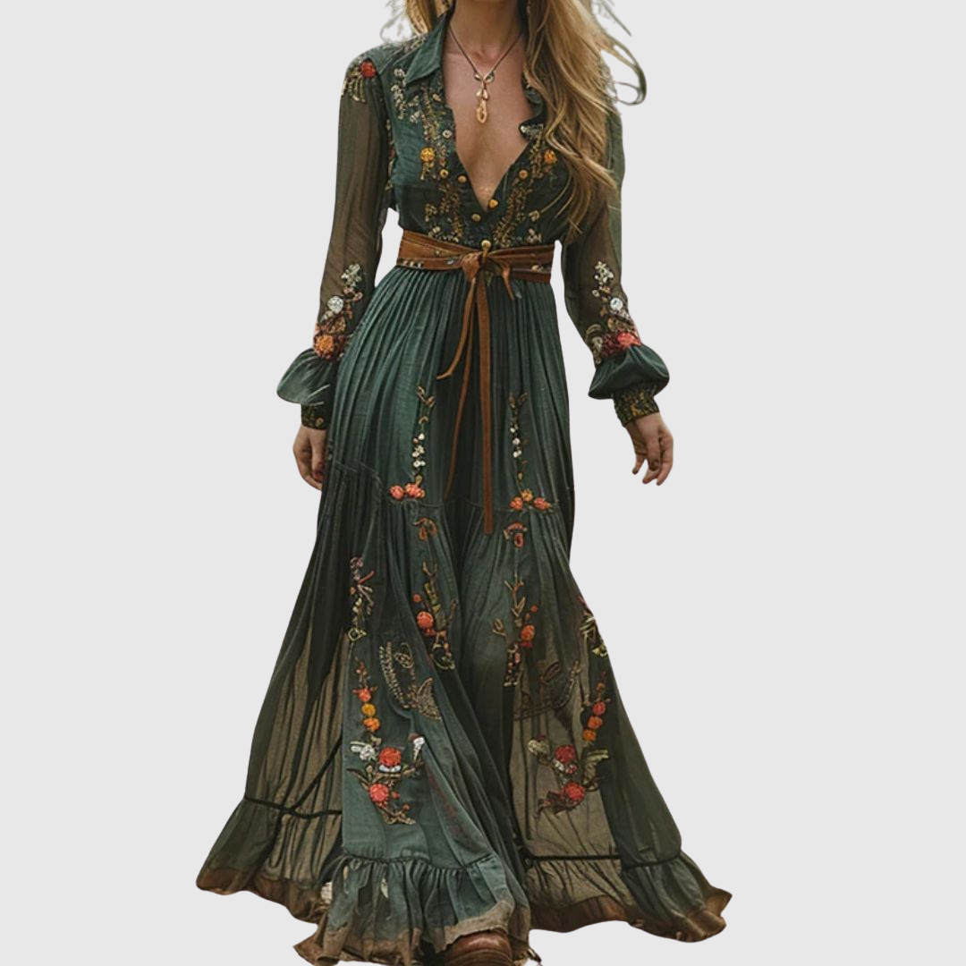 Alina Soleil embroidered maxi dress in green, front view with tie belt