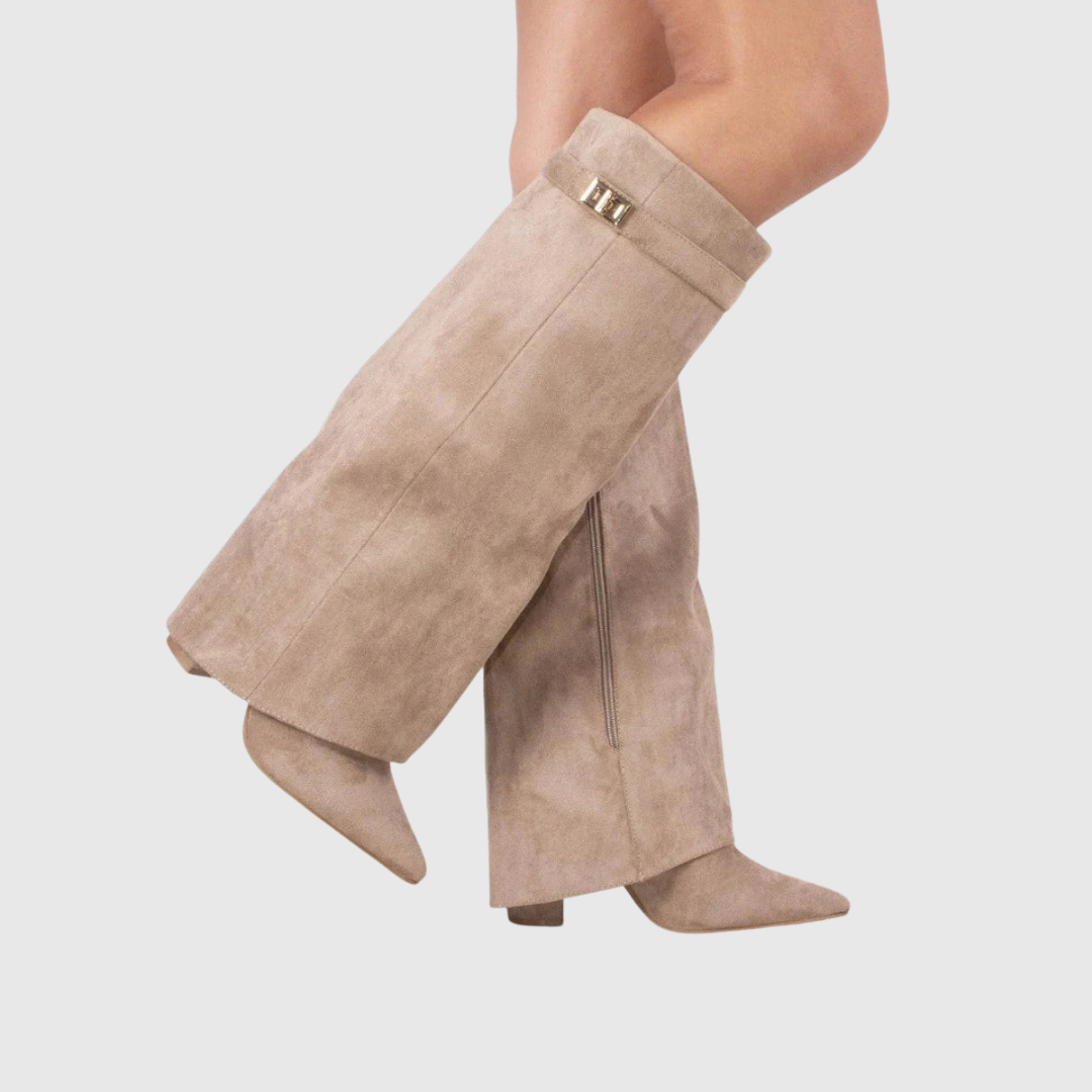 Lelene knee-high wedge boots in beige suede, side view with zip detail
