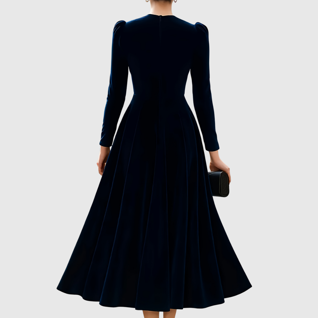 Soopie velvet dress in navy blue, back view with zip