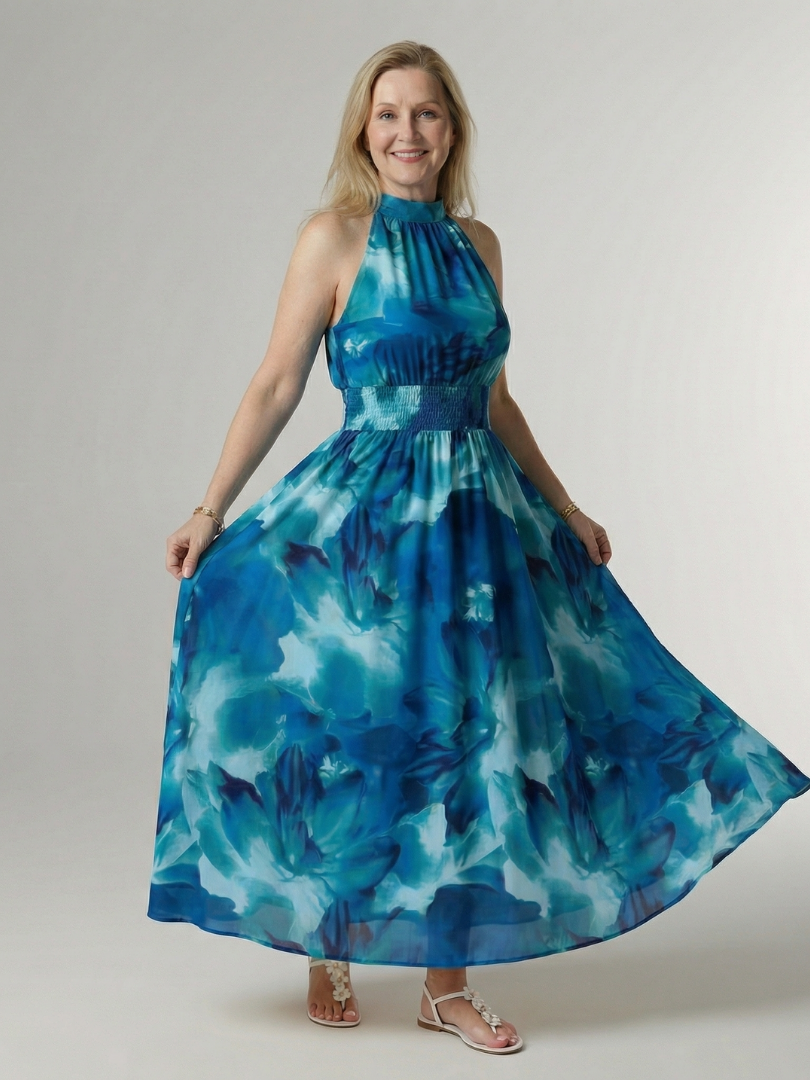 Sylin gathered halter midi dress in blue watercolour print, front view