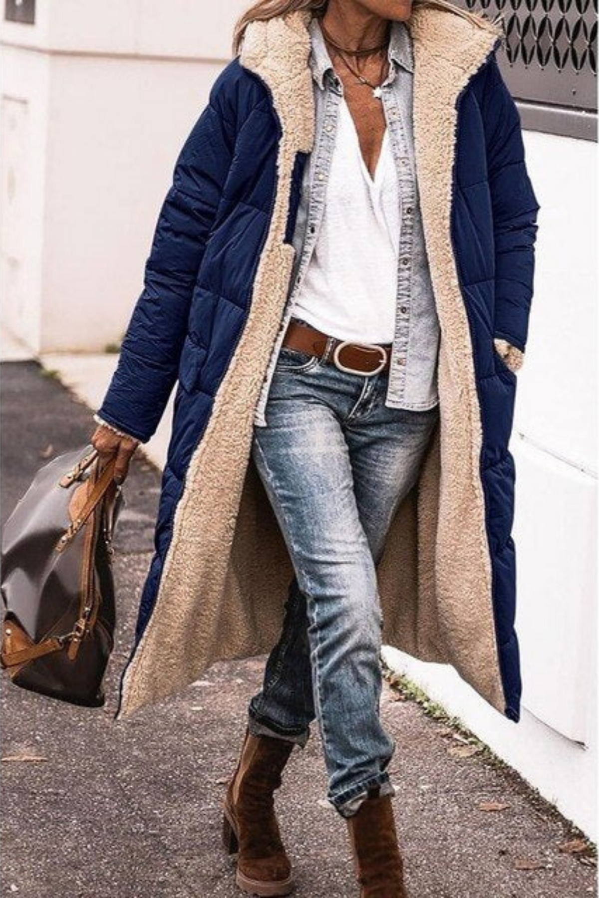 Celia reversible padded coat in navy blue, full-length front view