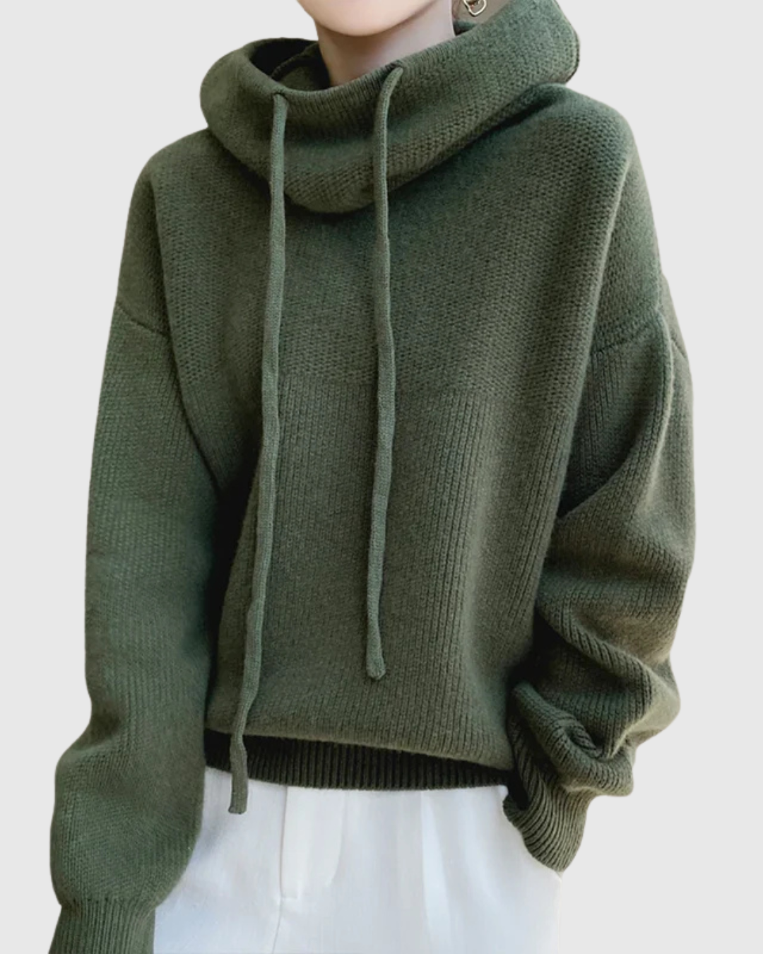 Calyssia knitted hoodie in green, front view showing ribbed hem