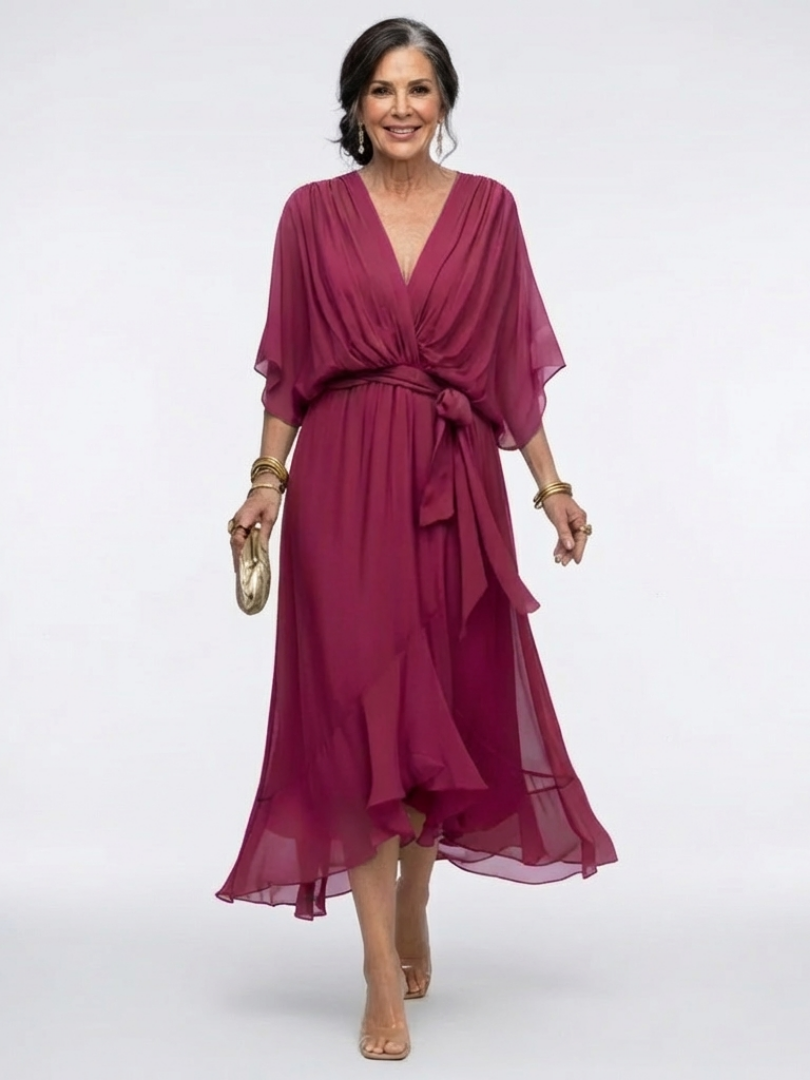 Elysia V neck midi dress in red, full-length front view