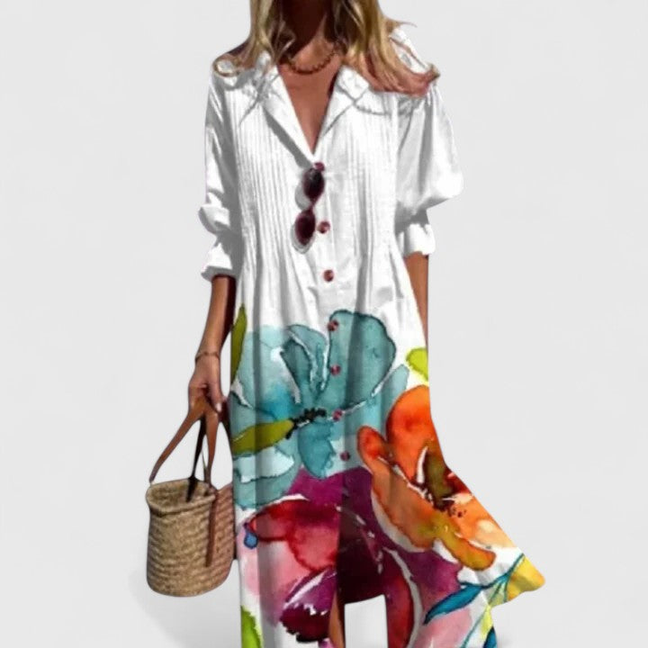 Vanessa long printed shirt dress in white watercolour floral, front view