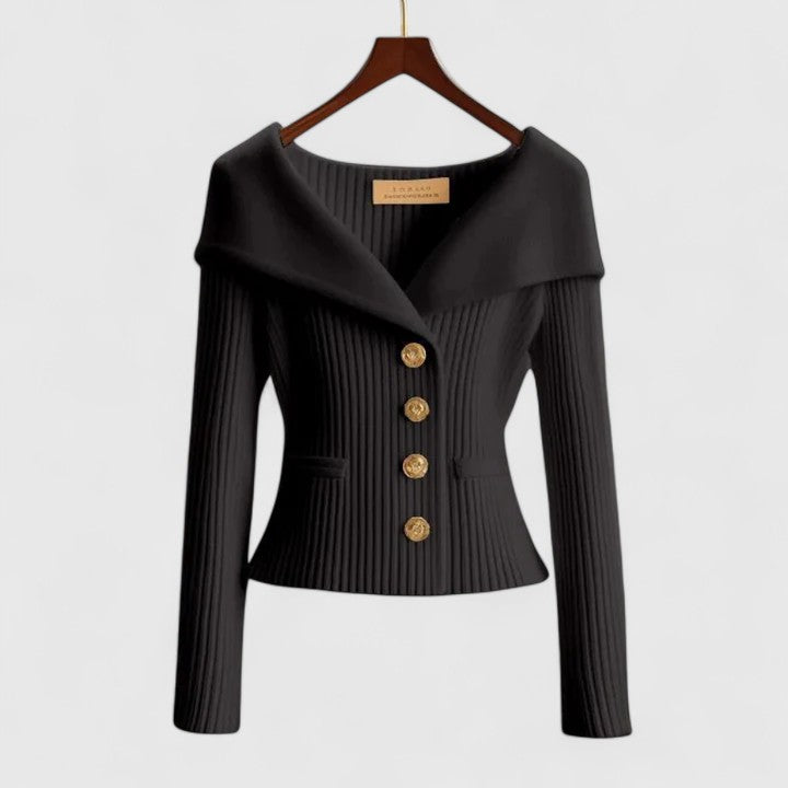 Elara soft knit cardigan in black, front view with folded collar