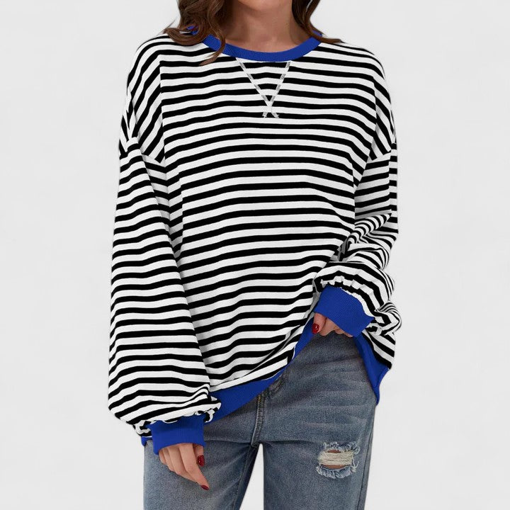 Olwyn everyday striped sweater in black and white with blue trim, front view