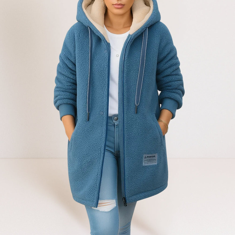 Thea longline hooded jacket in blue, front view with drawstring hood