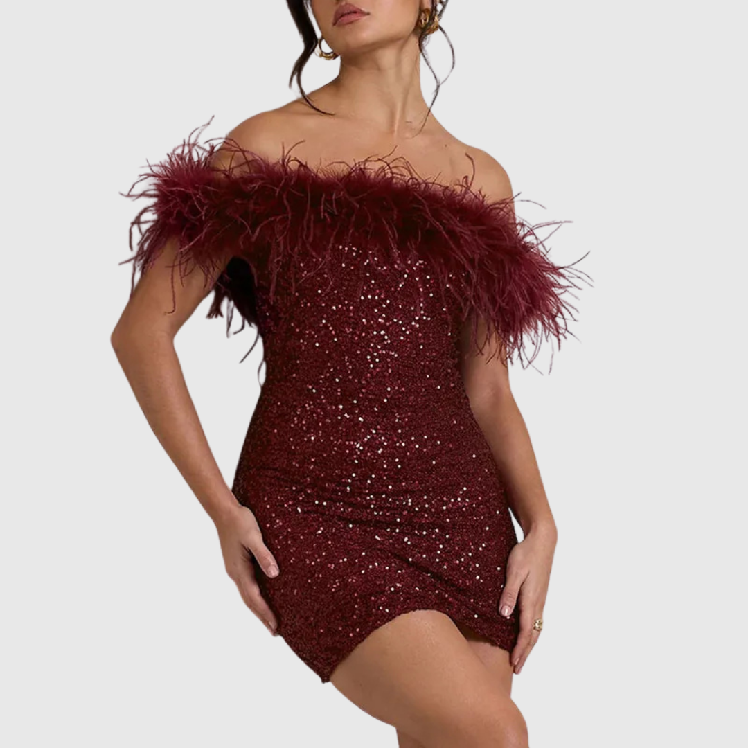 Adriana sequin mini dress in red, three-quarter front view