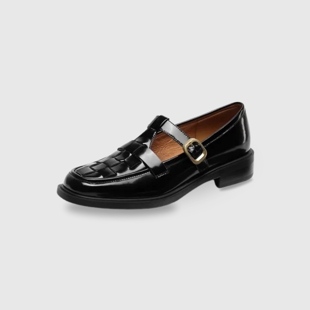 Isava vintage-style retro flats in black, side product view