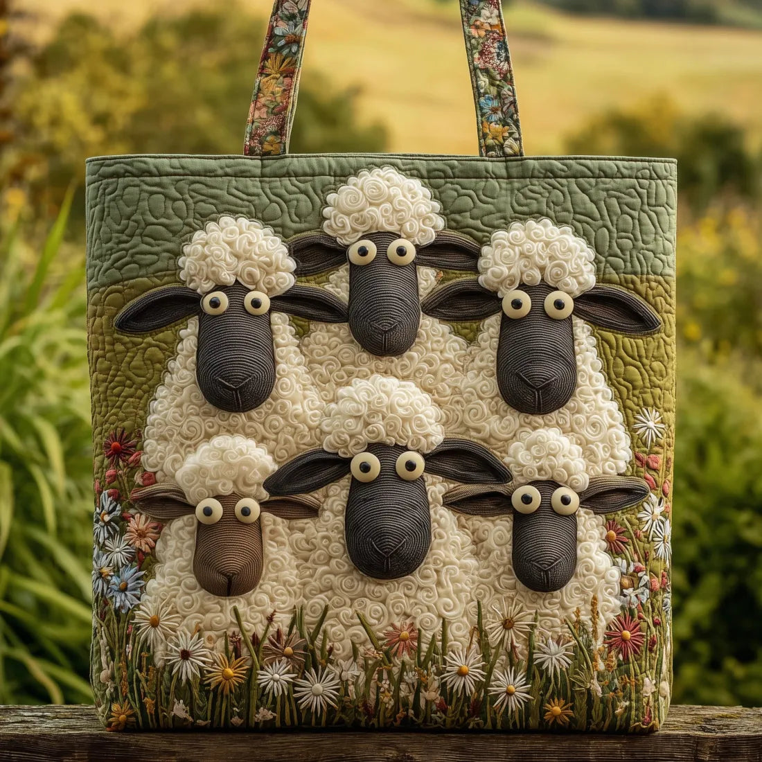 Handcrafted five sheep tote bag in sage green with embroidered wildflowers, front view