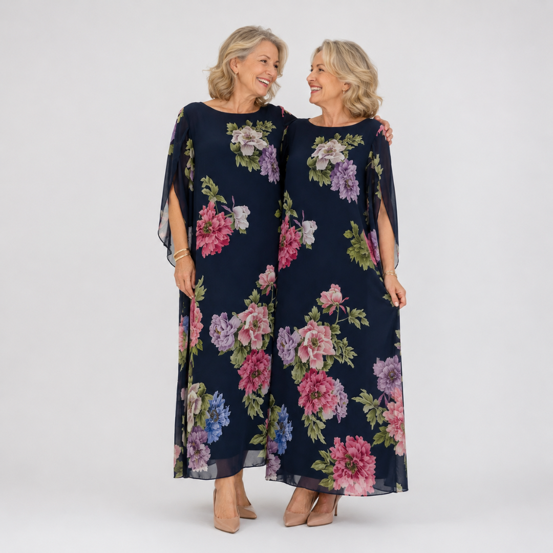 Elowen navy floral chiffon dress worn by two women, front view