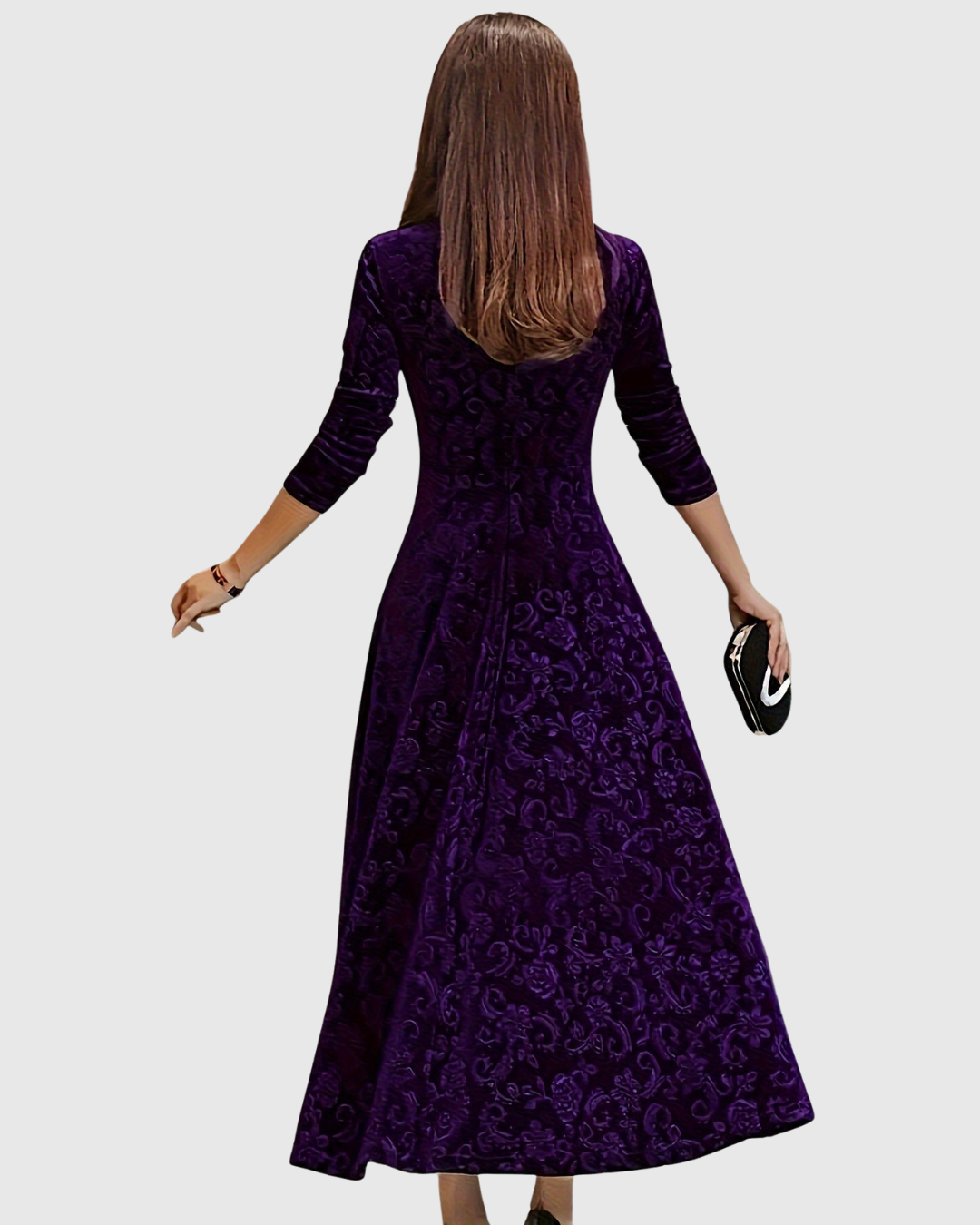 Vespera floral velvet midi dress in purple, back view