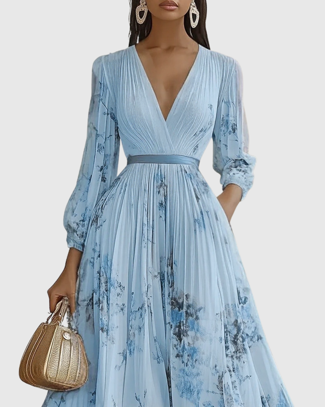 Rowella pleated maxi dress in blue, close-up of bodice and sleeves
