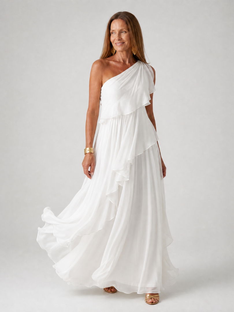 Arabella cascading ruffle maxi dress in white, full-length front view