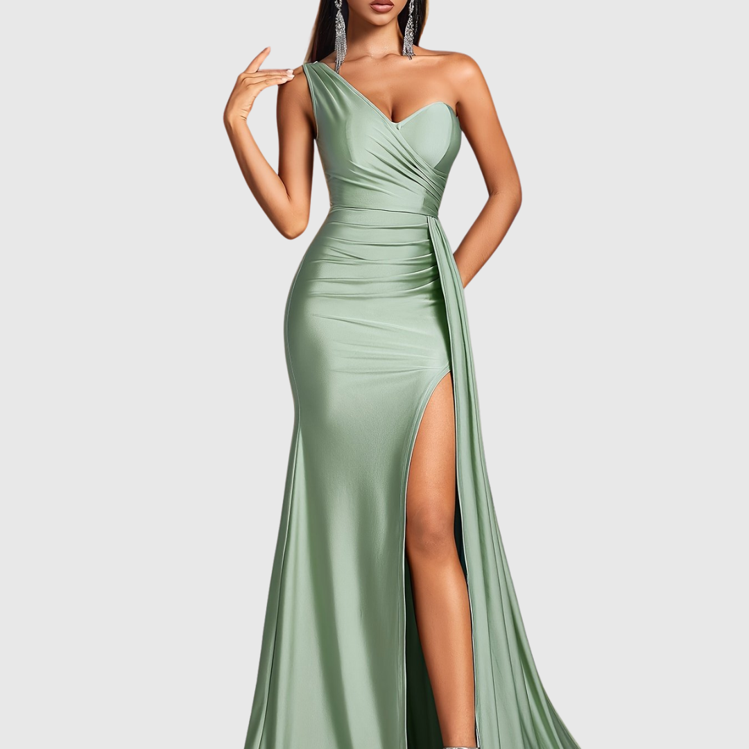 Selvyna one-shoulder mermaid gown in light green, full-length front view