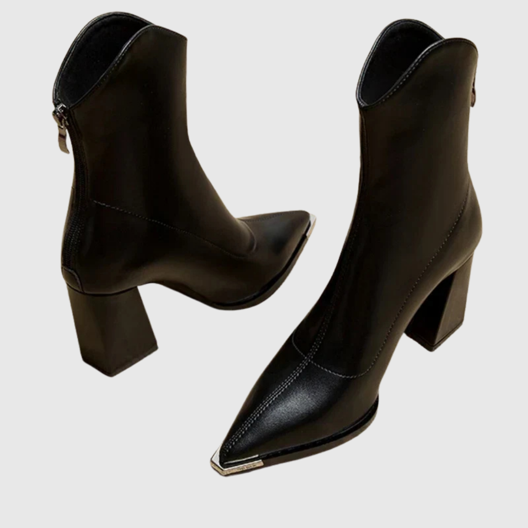 Black pointed ankle boot heels, three-quarter angled view