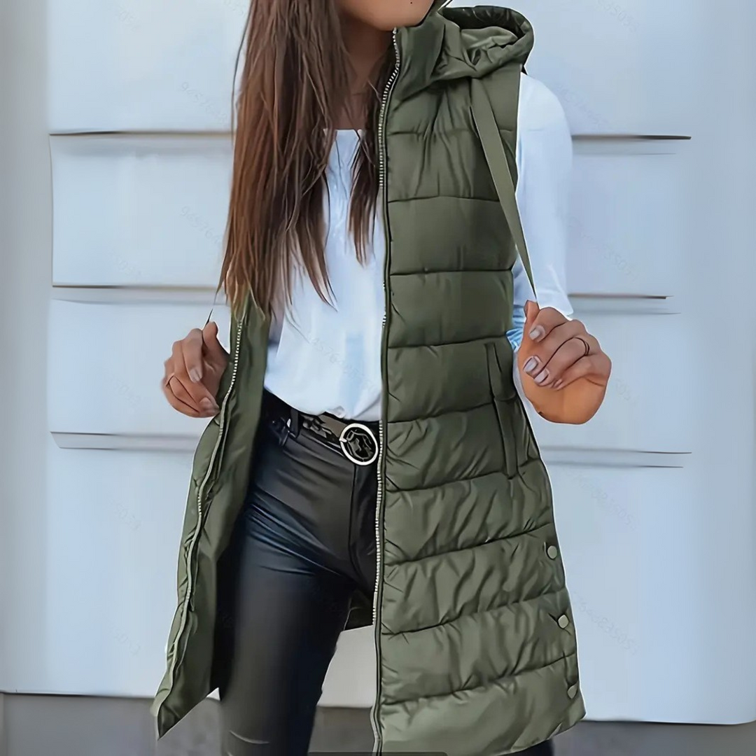 Eirlys hooded puffer vest in army green, front view with pockets