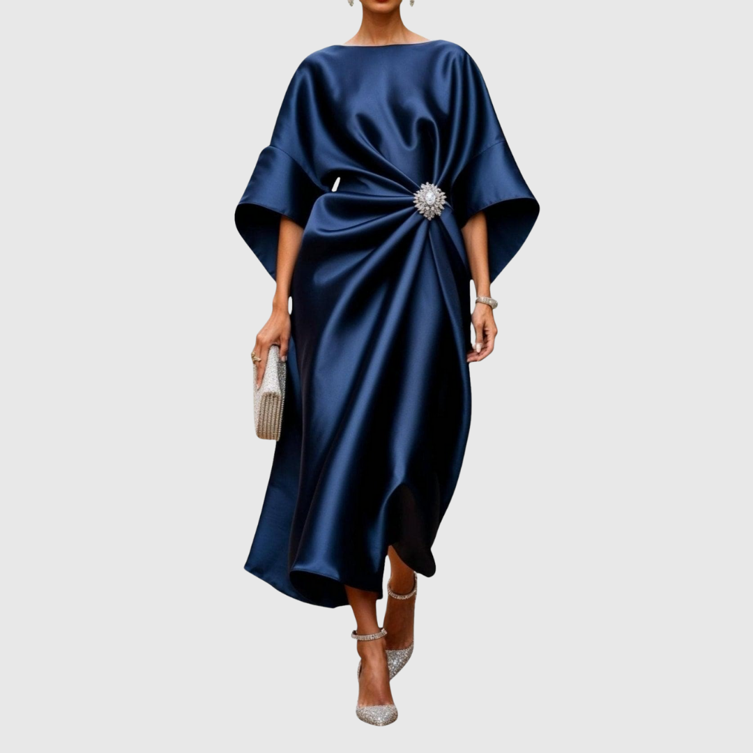 Luneth satin midi dress in navy blue, full-length front view with brooch waist