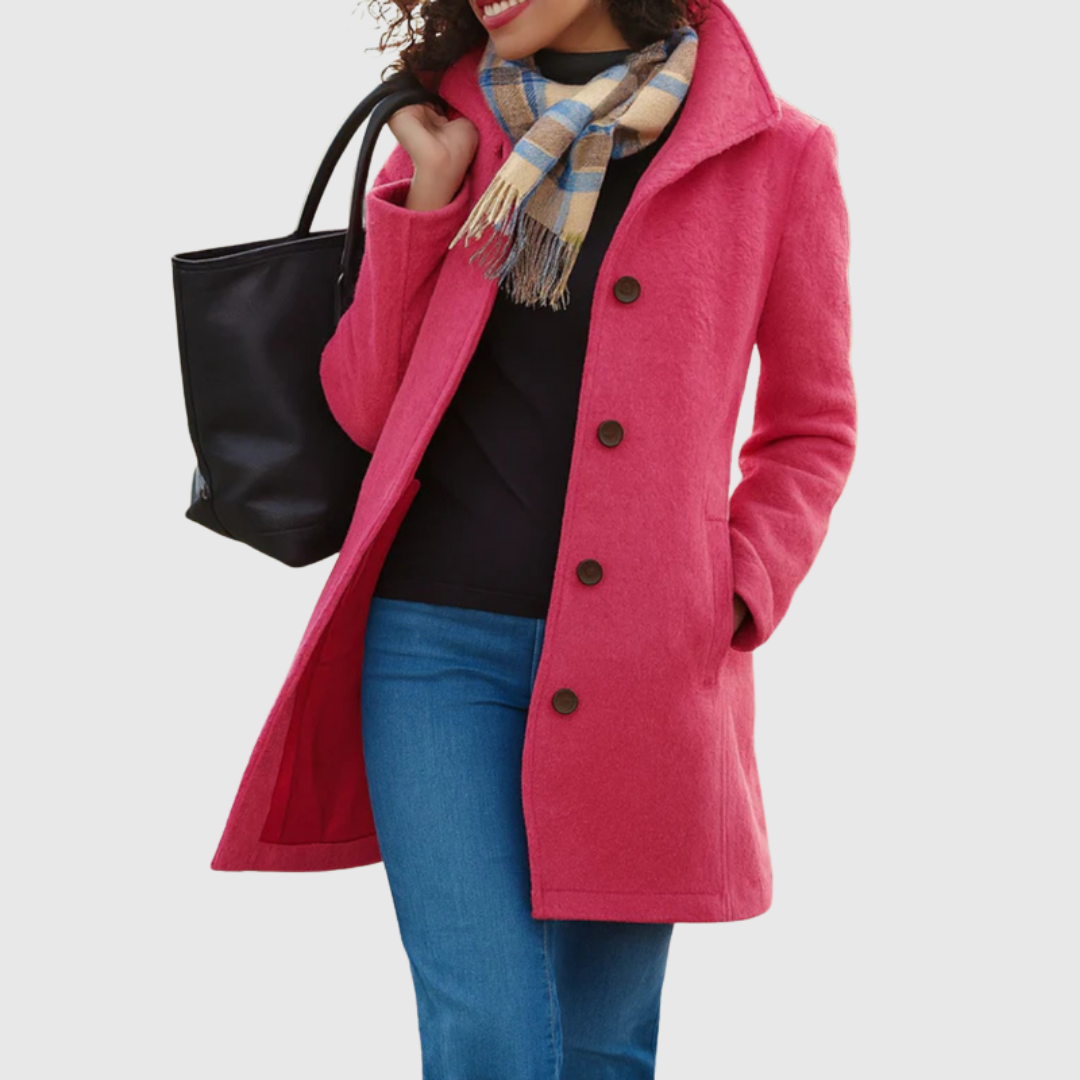 Connie classic coat in pink, front view with button fastening