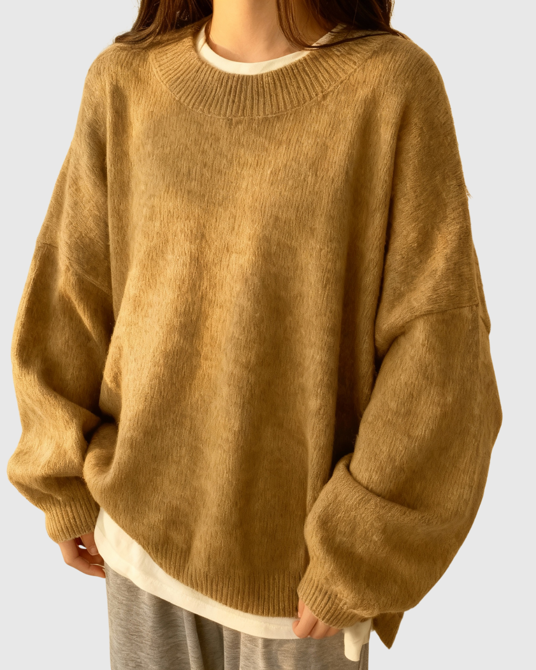 Colette oversized fleece sweater in khaki, front view worn with white tee