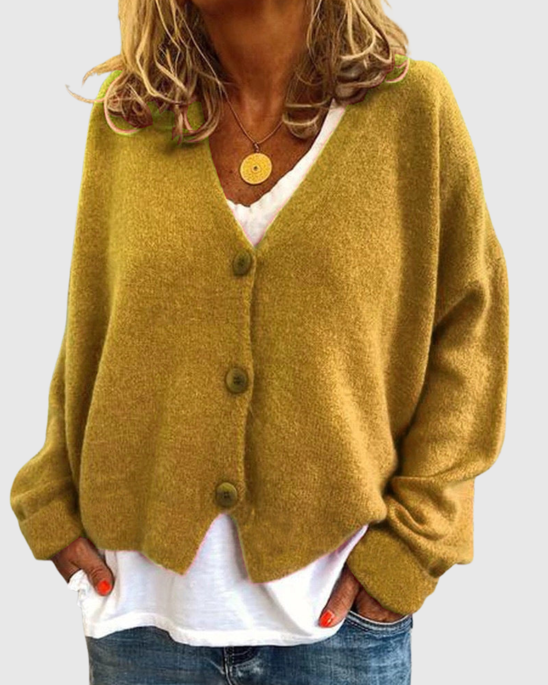 Evelora knit cardigan in yellow, front view