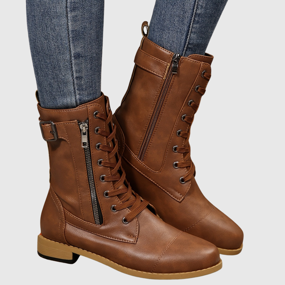 Carmine side-zip lace-up boots in brown, front view