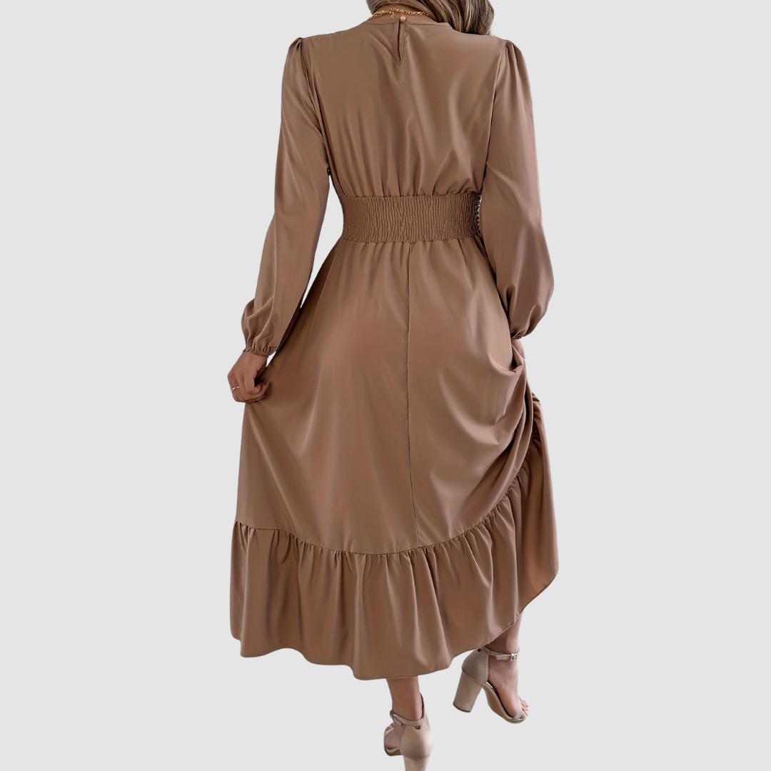 Isola Lane midi dress in khaki, back view showing smocked waist