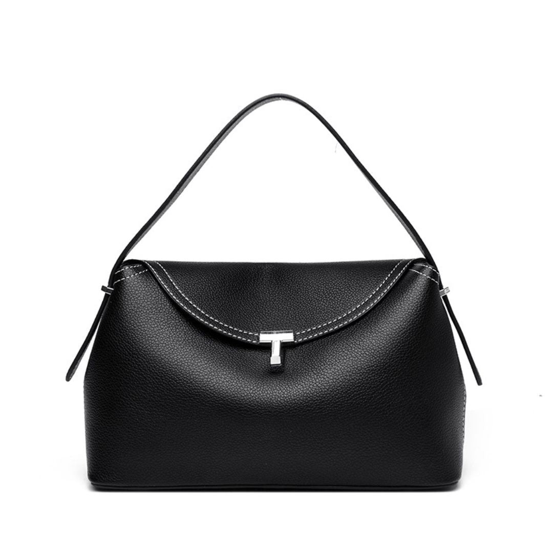 La Divine structured handbag in black, front view