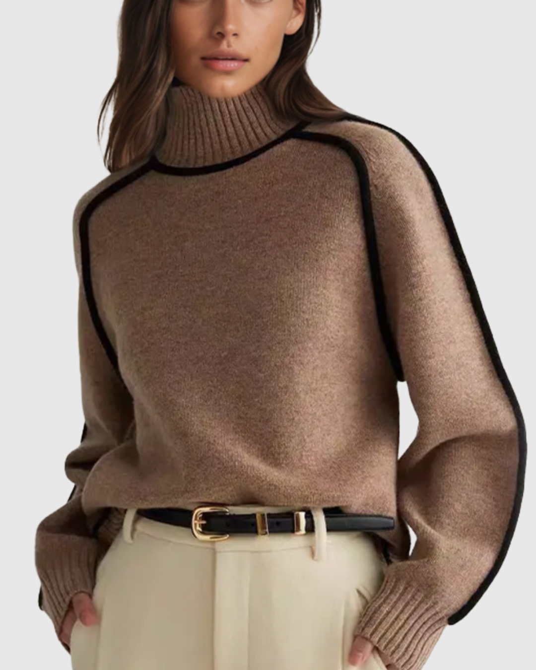 Mariel striped turtleneck knit sweater in brown, front view with contrast trim