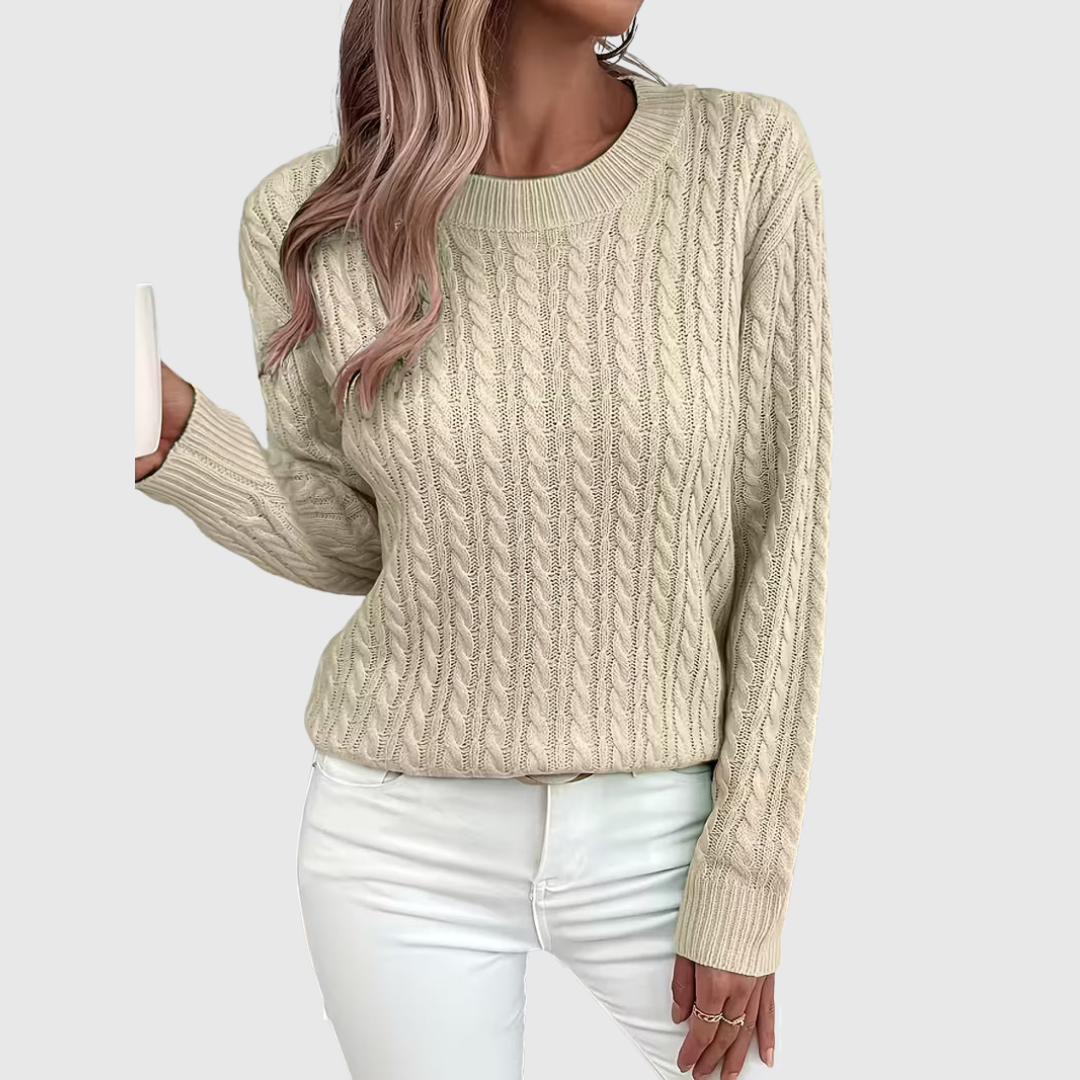 Isla cable-knit sweater in beige, front view on model