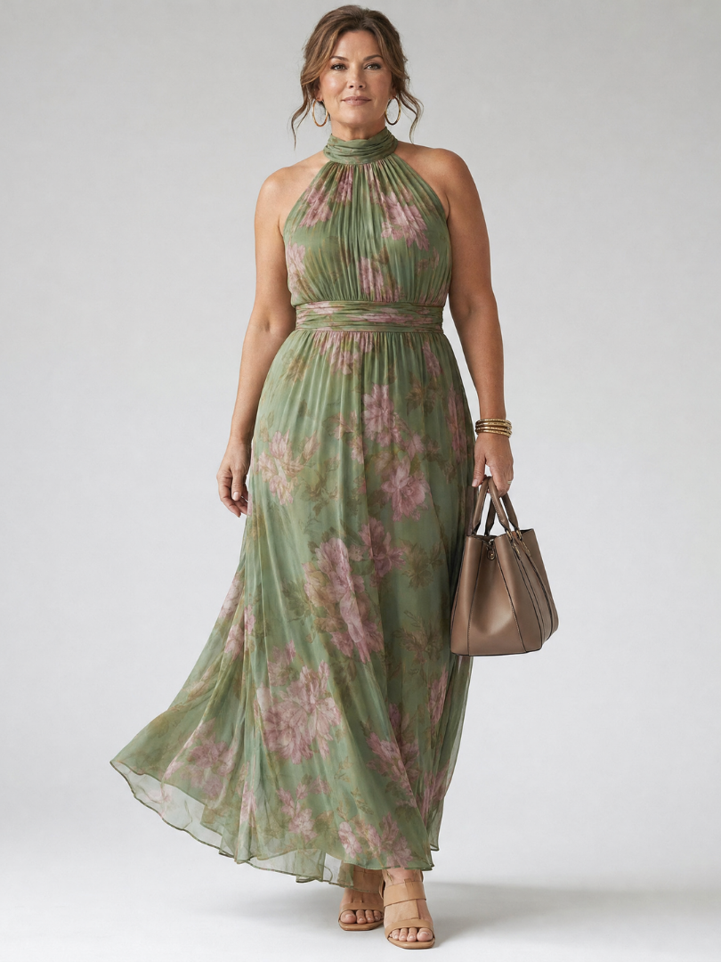 Mirelle floral halter midi dress worn with flat sandals, front view