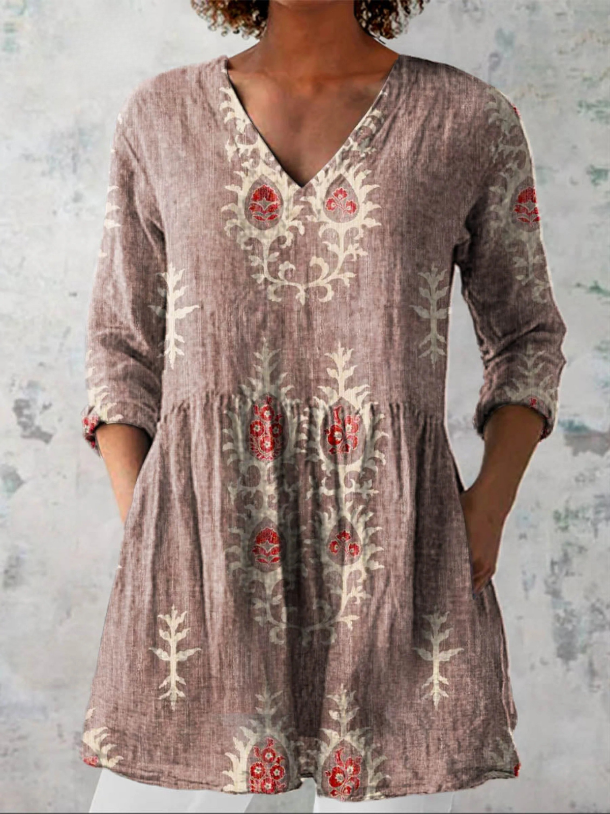 Elise long V-neck blouse in pink with floral print, front view