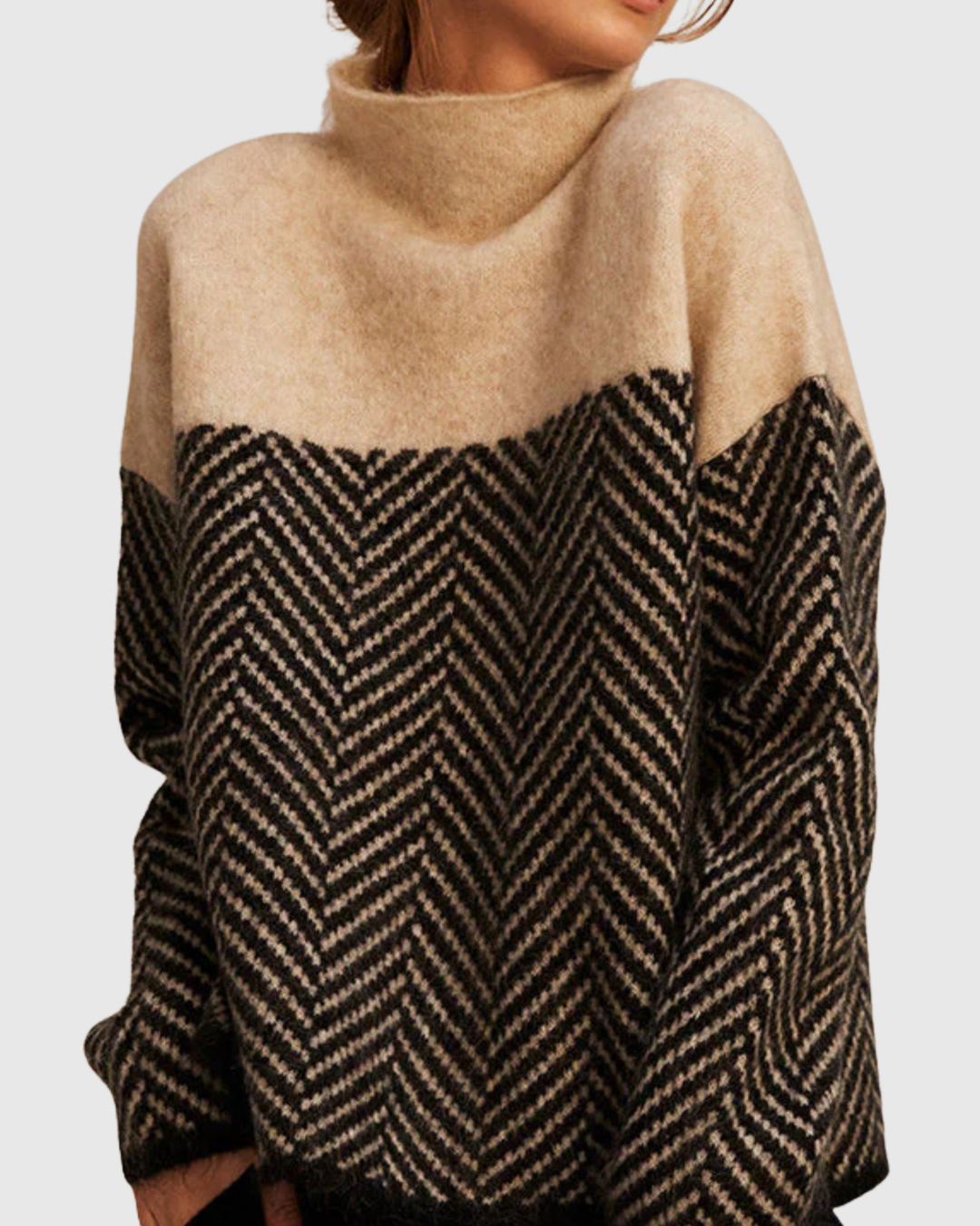 Tamsin turtleneck sweater in beige and black, close-up of herringbone knit