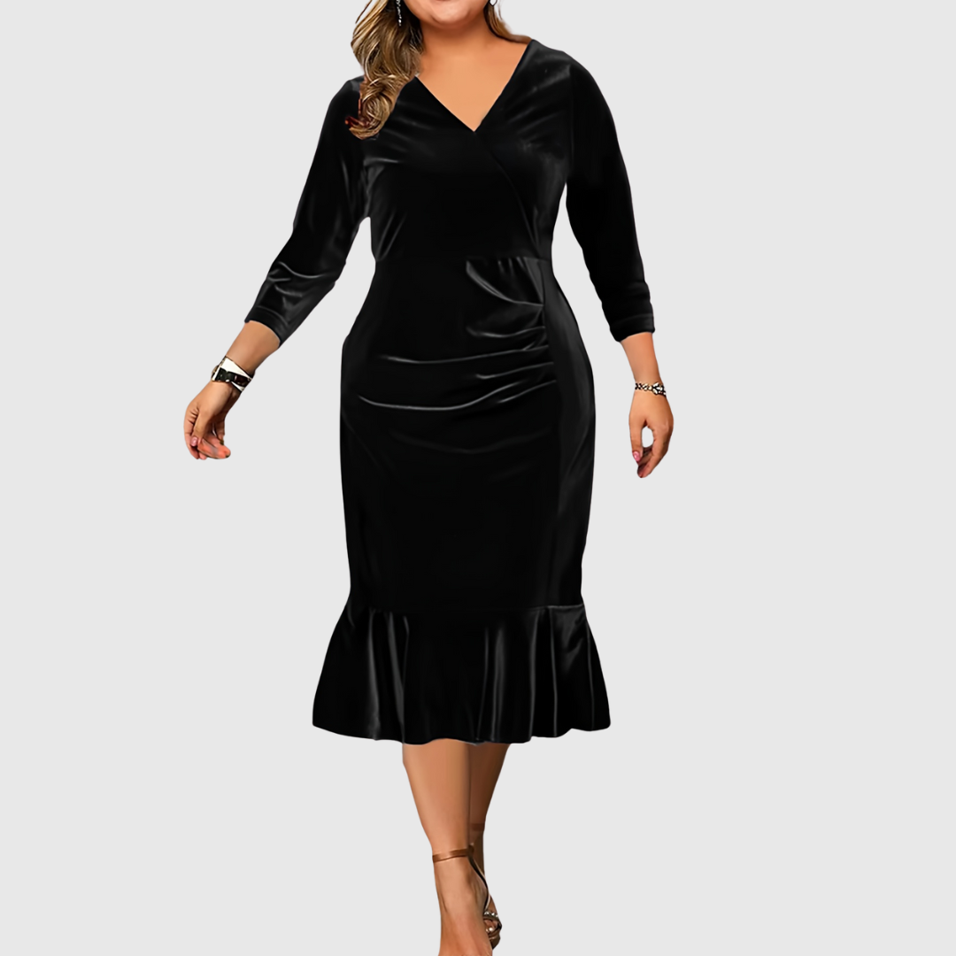 Zaar velvet midi dress in black, full-length front view
