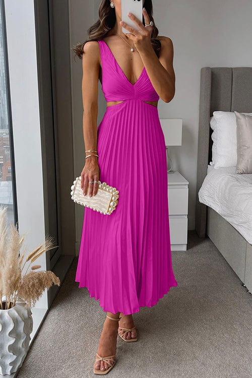 Sanne pleated satin midi dress in pink, full-length front view