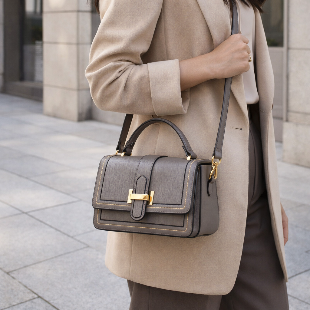 Luna Paris bag in grey worn crossbody over a camel coat