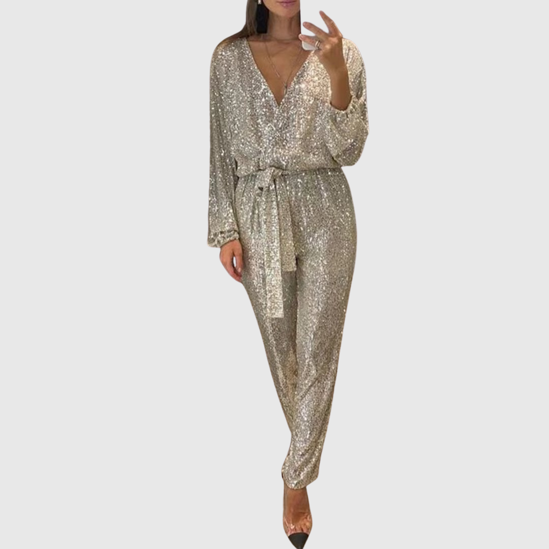 Aralyn sparkling party jumpsuit in silver, full-length front view