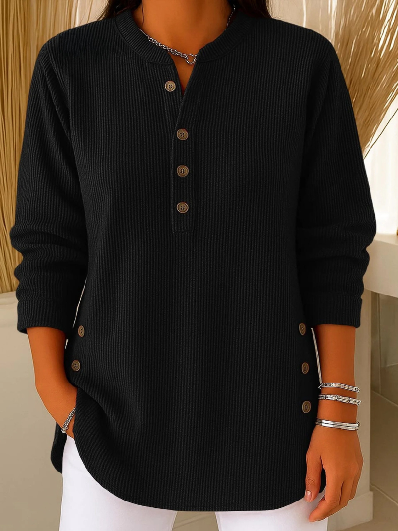 Nieves buttoned Henley tunic in black, front view