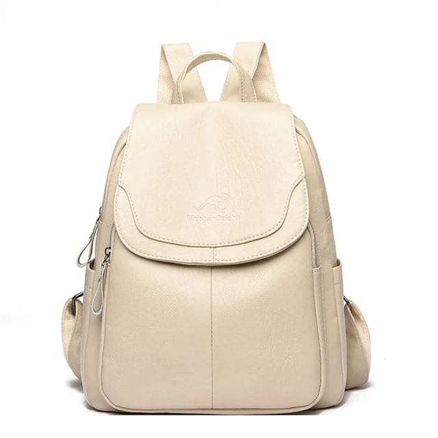 Phoebe secure leather backpack in beige, front view with side zip