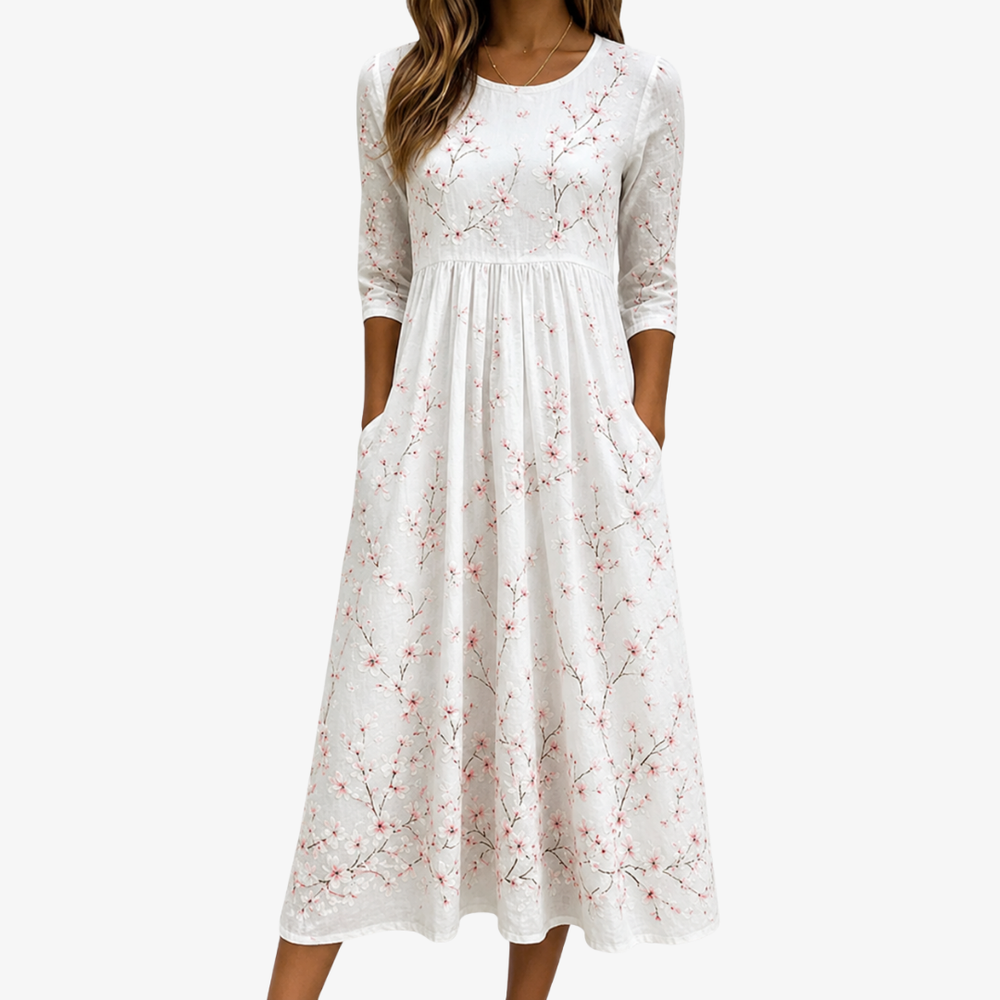 Cherry blossom print midi dress in ivory, full-length front view