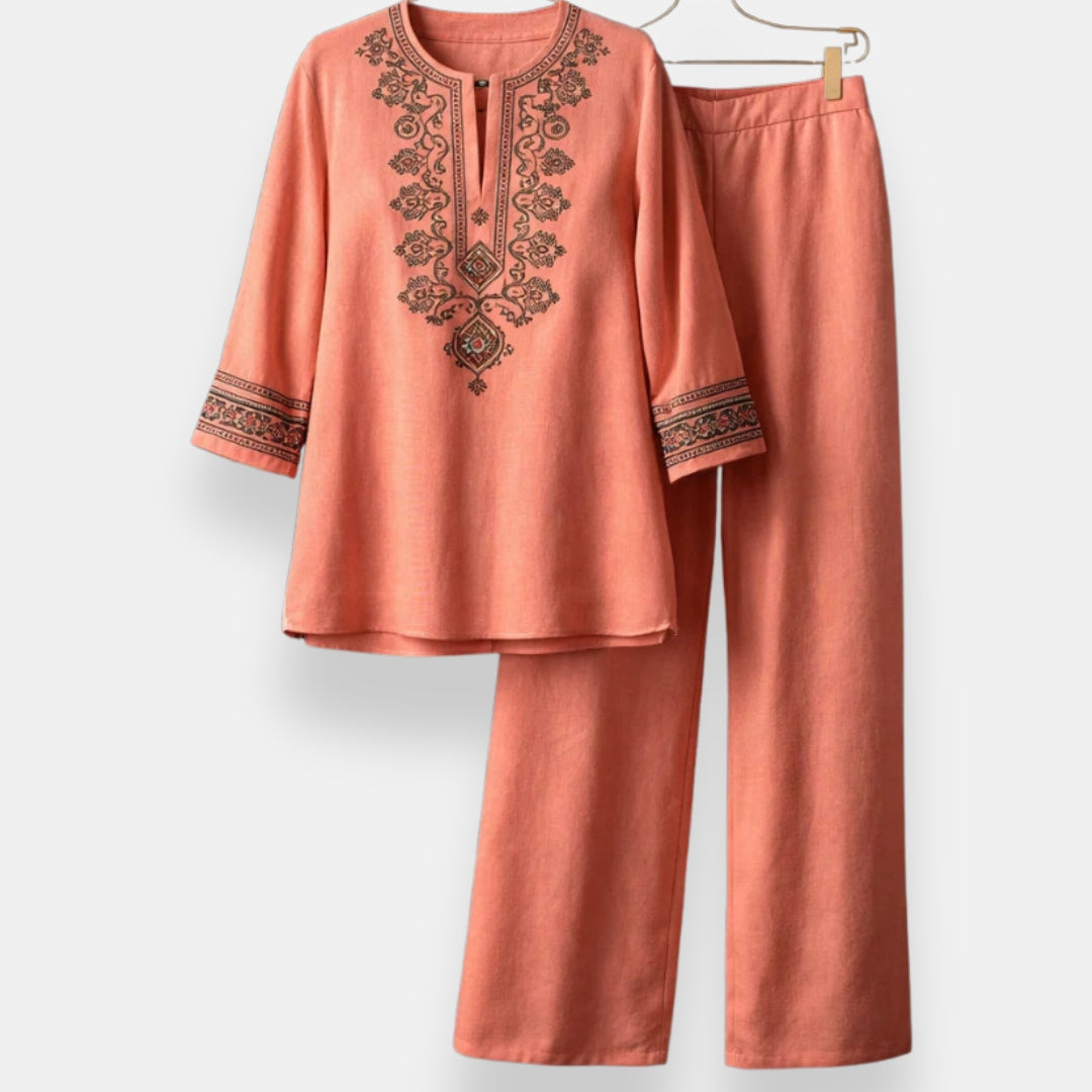 Cordelia embroidered two-piece set in pink with paisley embroidery, front view