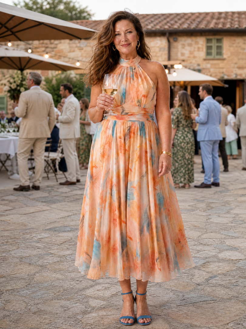 Elin halter midi dress at an outdoor summer party, full-length view