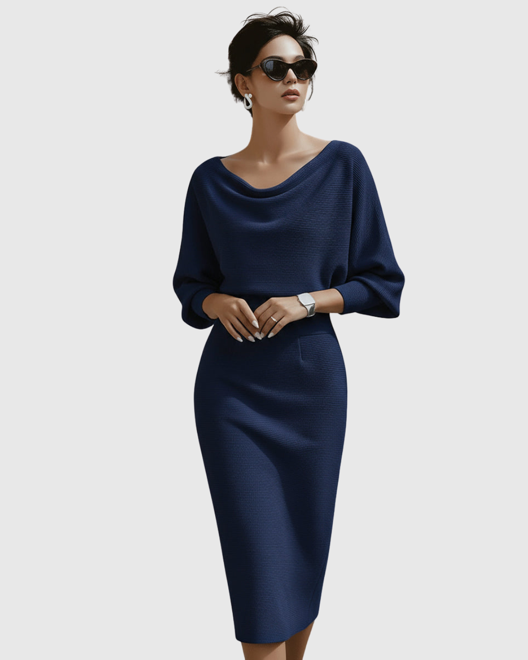 Isméria draped batwing midi dress in navy, full-length front view
