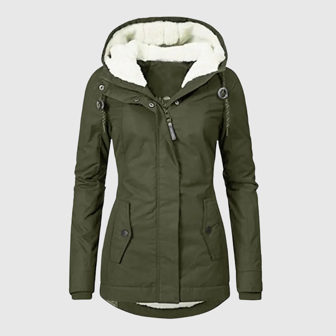 Agnes long winter coat in green, front view with fleece hood