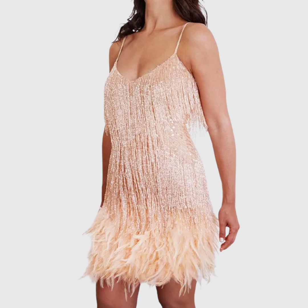 Isimay feather fringe cocktail dress in light pink, front view
