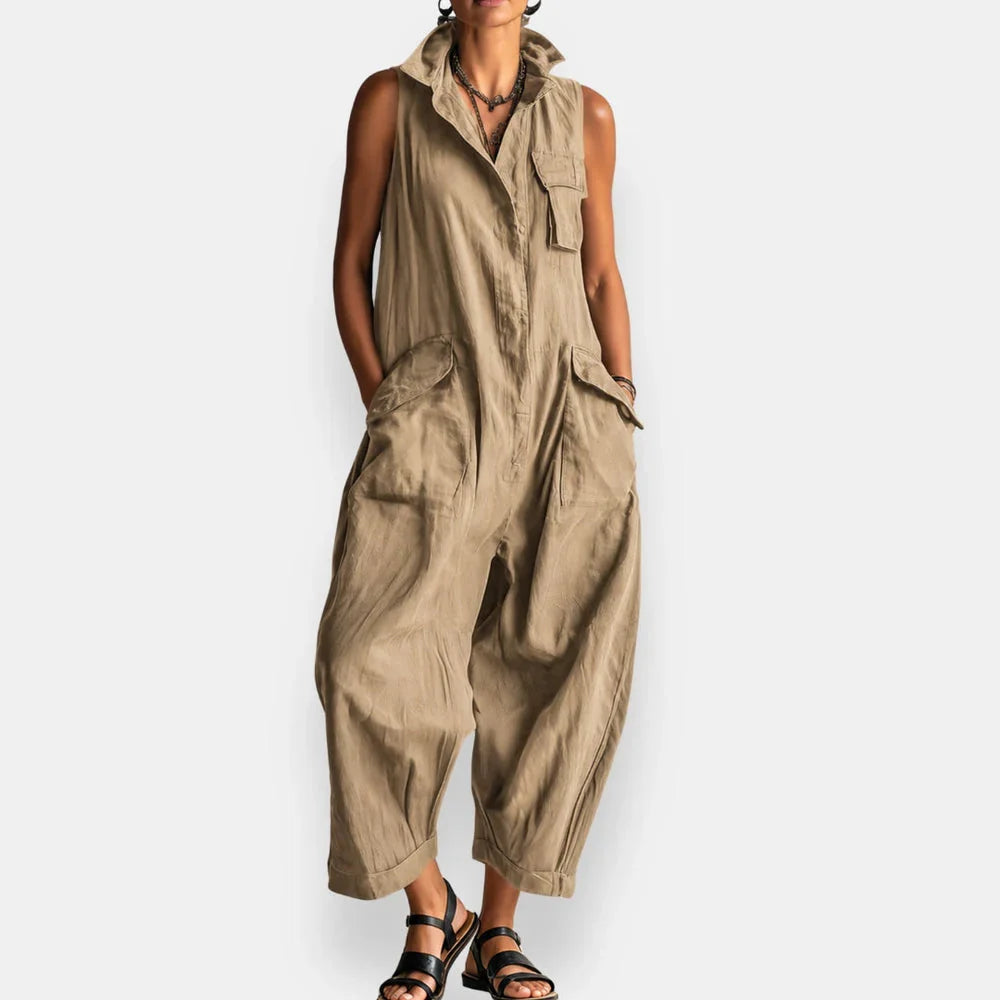 Ryker sleeveless cargo jumpsuit in beige, full-length front view