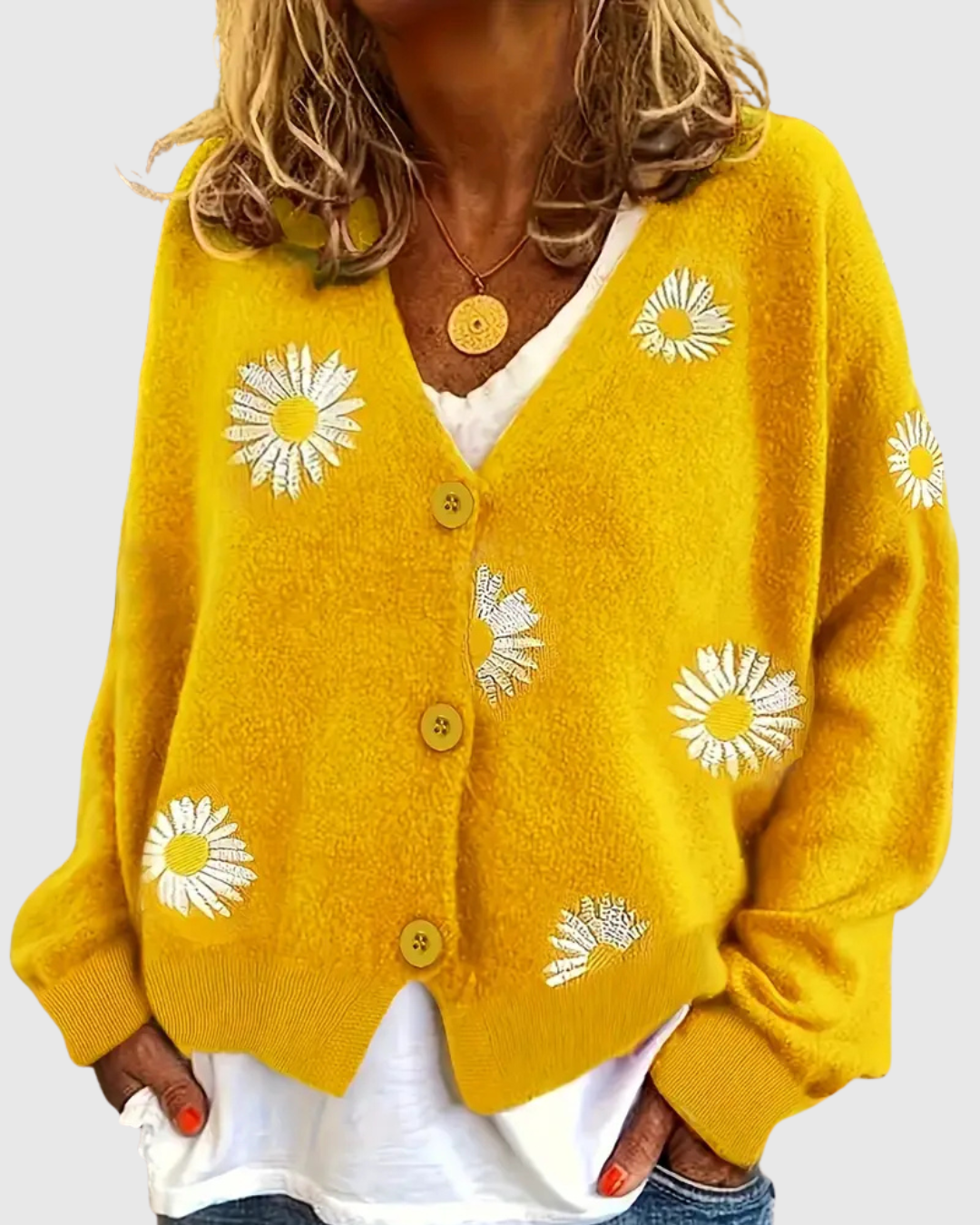 Irene knit button cardigan in yellow with daisy motifs, front view