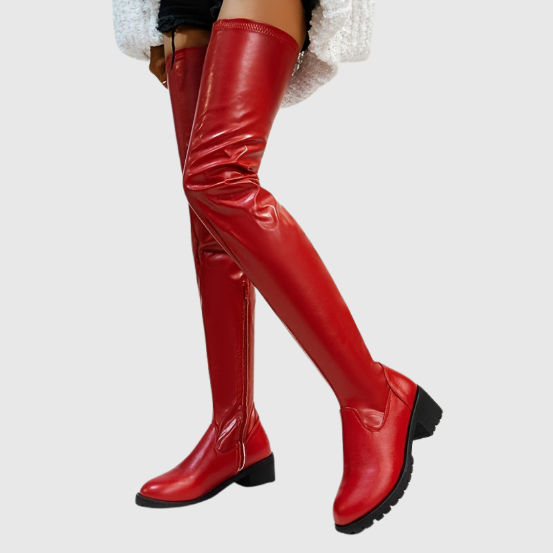 Fenisse thigh-high boots in red, front view on model